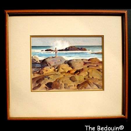 Tim Robson (Listed S A Artist). BOY ON THE ROCKS (South Coast). Watercolour. Framed. (c 1990)