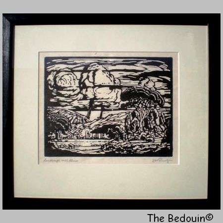 J H PIERNEEF (1886 - 1957). Print of Woodblock. LANDSCAPE WITH HOUSE. Framed & Glazed.