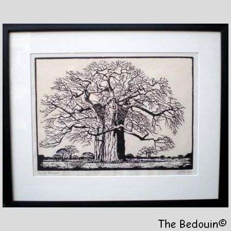 J H PIERNEEF (1886 - 1957). Print of Woodblock. BAOBAB TRANSVAAL. Framed & Glazed.