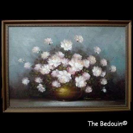 ROBERT COX 1934 - 2001 (USA) Pink / White Roses in Antique Vase. Oil. Framed. (1970s / 80s). LARGE.