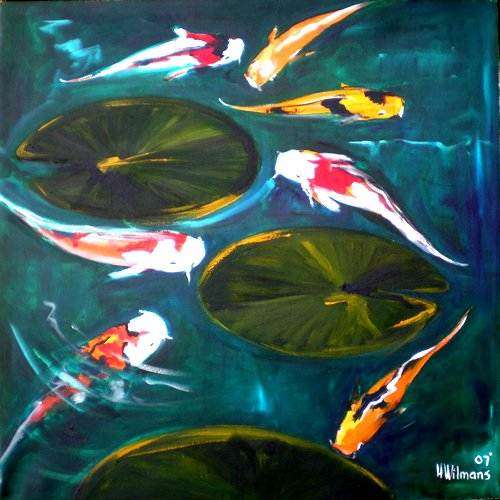H Wilmans (S A Artist). KOI FISH IN A POND. Original oil on canvass on stretcher Painting (2007).