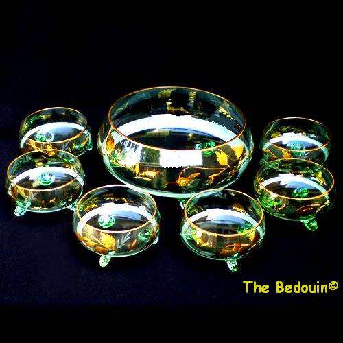 BOHEMIAN CUT GLASS DESSERT SET. 7 piece. 22 carat gold overlay. Retro (1950s / 60s). Beautiful!