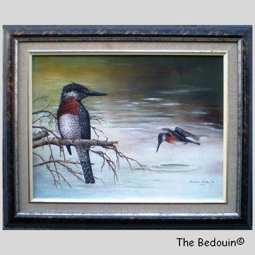 HEATHER KLETTE (Well known SA Wildlife Artist). GIANT KINGFISHERS. Orig oil painting. (1991)