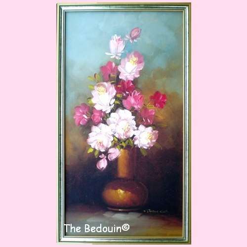 ROBERT COX 1934 - 2001 (USA) Pink & Red Roses in Antique Vase. Oil. Framed. 600 x 310 (1970s / 80s).