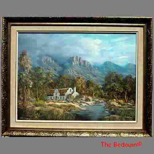 Henri du Rand. S A Artist. CAPE DUTCH HOMESTEAD IN THE MOUNTAINS. Oil. Framed. 600 x 750 mm