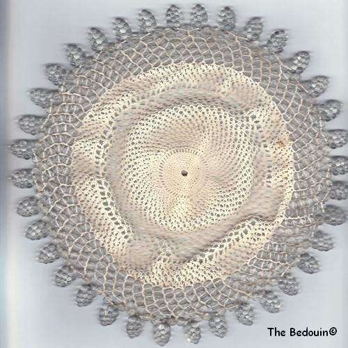 DOILY. Beaded and hand crocheted. Cotton and clear glass beads. Vintage.