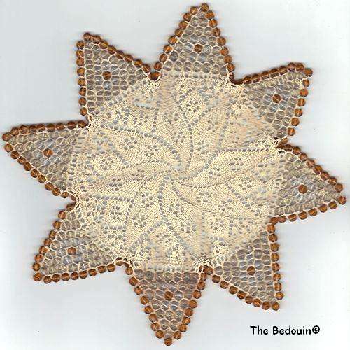 DOILY. Beaded and hand crocheted. Cotton and amber, light green and clear glass beads. Vintage.