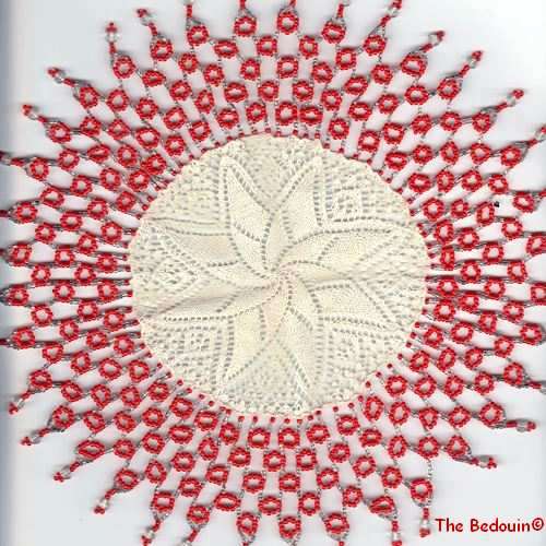 DOILY. Beaded and hand crocheted. Cotton and red and clear glass beads. Vintage.
