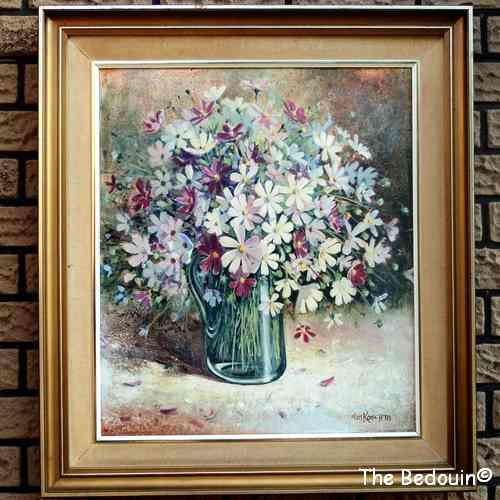 Wim Kosch (Well known S A Artist). STILL LIFE WITH COSMOS. Oil Painting (820 x 720 mm) 1978. Framed.