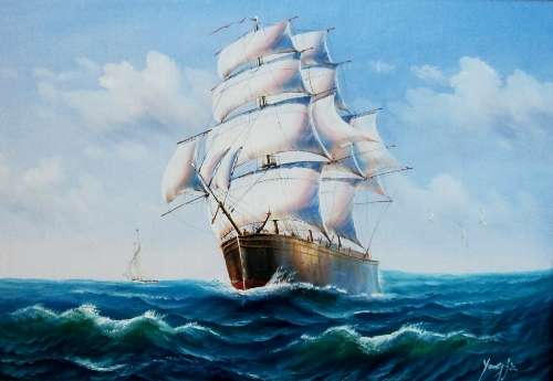 Liu Yongjia (Chinese Artist). SAILING THE HIGH SEAS. Framed Acrylic. 730 x 1030 mm.