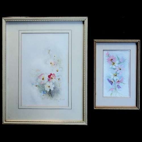 Hettie Swart & R High (SA Artists) - TWO WATER COLOUR PAINTINGS OF COSMOS FLOWERS. Framed. One lot.