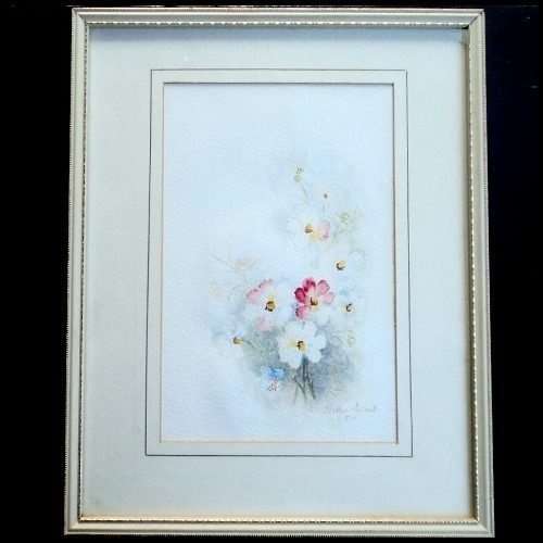 Hettie Swart & R High (SA Artists) - TWO WATER COLOUR PAINTINGS OF COSMOS FLOWERS. Framed. One lot.