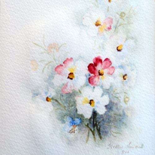 Hettie Swart & R High (SA Artists) - TWO WATER COLOUR PAINTINGS OF COSMOS FLOWERS. Framed. One lot.