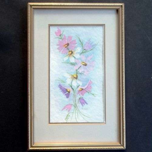 Hettie Swart & R High (SA Artists) - TWO WATER COLOUR PAINTINGS OF COSMOS FLOWERS. Framed. One lot.
