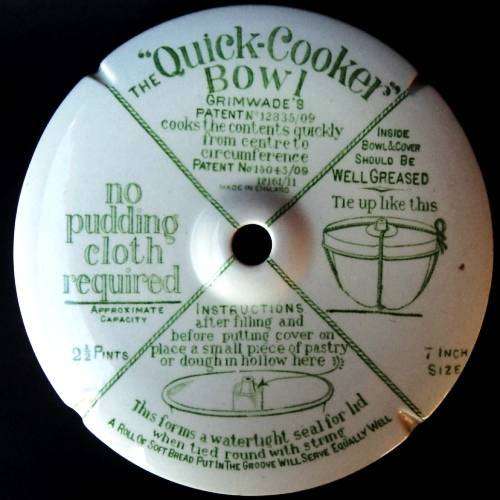 Antique Grimwade's. THE 'QUICK-COOKER' BOWL. 2 1/2 Pints Porcelain Pudding Cooking Bowl.1909 Patent.