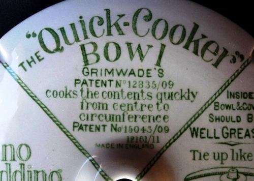 Antique Grimwade's. THE 'QUICK-COOKER' BOWL. 2 1/2 Pints Porcelain Pudding Cooking Bowl.1909 Patent.