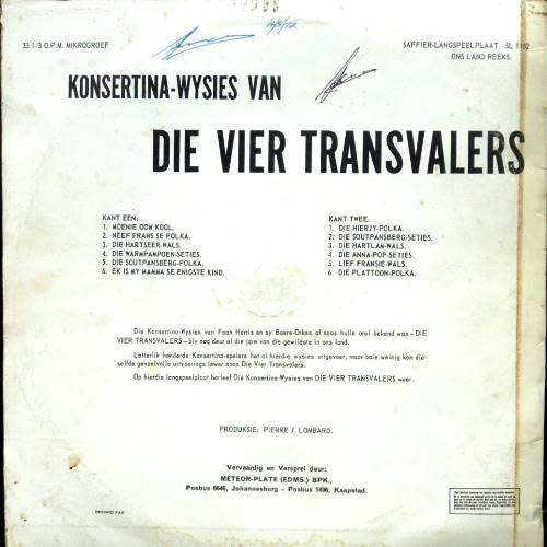 Die Vier Transvalers - KONSERTINA WYSIES. Vinyl LP album. (VG+/VG+). SA Release. Boeremusiek.