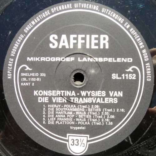 Die Vier Transvalers - KONSERTINA WYSIES. Vinyl LP album. (VG+/VG+). SA Release. Boeremusiek.