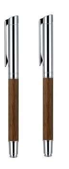 SENATOR TIZIO. Fountain Pen AND matching Ballpoint Pen set. Walnut barrel. Chrome.