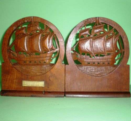BOOKENDS. HMS 'IRON DUKE'. SCARCE MEMORABILIA. Solid Teak.