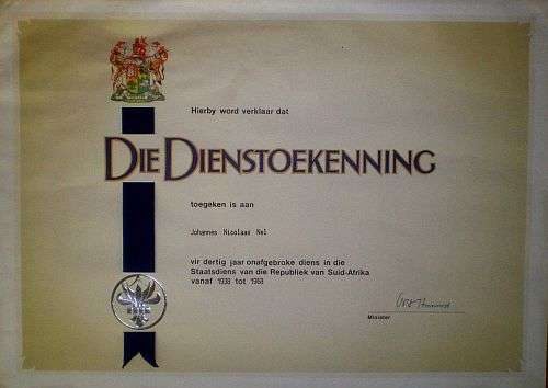 SIGNATURE: OWEN HORWOOD (MINISTER OF FINANCE) ON 'DIENSTOEKENNING SERTIFIKAAT.'