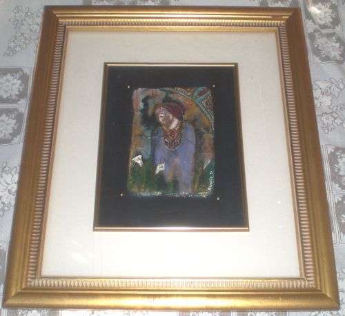 ORIGINAL OIL ON CLAY TABLET PAINTING (ICON). Lady with lilies. Artist: P Lessing (1995)
