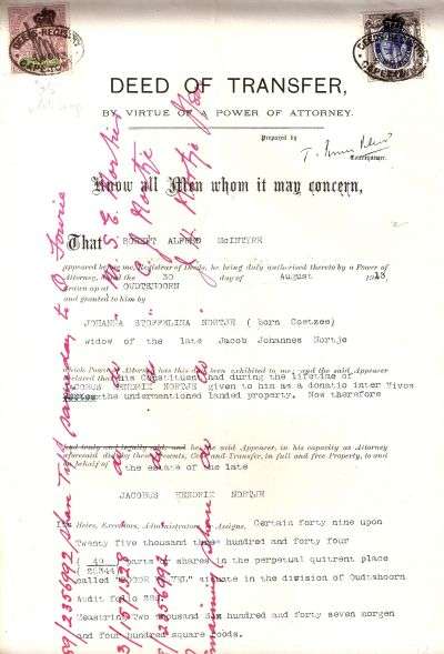 UNION OF SOUTH AFRICA. CAPE (OUDTSHOORN) Deed Of Transfer 1913.