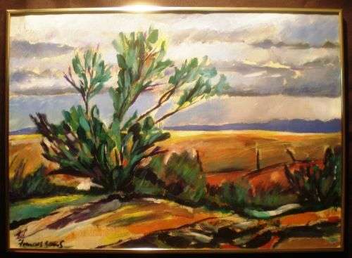 ORIGINAL ACRYLIC PAINTING.Landscape with mountains. By well known S A artist Francois Gouws.
