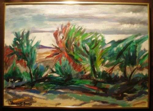 ORIGINAL ACRYLIC PAINTING. Seascape with bushes in foreground. Well known S A artist Francois Gouws.