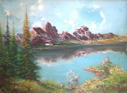 ORIGINAL OIL PAINTING. Swiss Alps landscape with lake and chalet. (c 1960s). Artist: Miguel de Rosa.