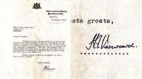 ORIGINAL SIGNATURE. H F VERWOERD (1901 - 1966)  ON LETTER. Prime Minister (National Party) RSA