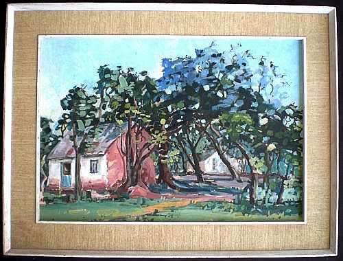 ORIGINAL VINTAGE OIL  PAINTING. 'Cottages and Trees' by well known S A artist Elbe Joubert (1973).