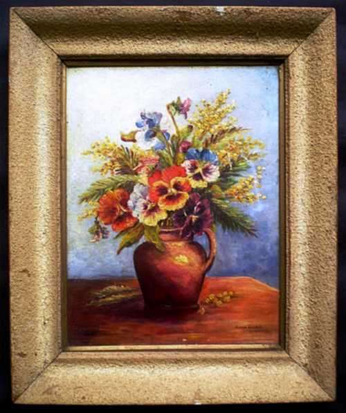 ORIGINAL OIL PAINTING.  Vintage Still Life with Pansies by British artist Norah Allen. Framed.