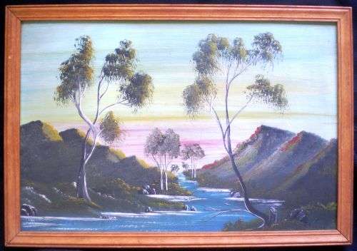 ORIGINAL OIL  PAINTING. 'Mountain Landscape with Trees and River' by S A artist N Goosen.