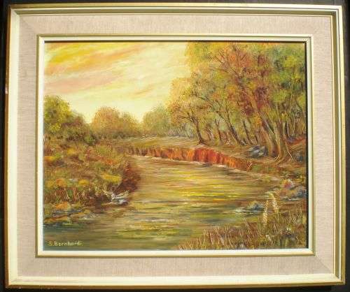 ORIGINAL OIL  PAINTING. 'Landscape with River' by S A artist S Bernhardi. Framed (c 1970)
