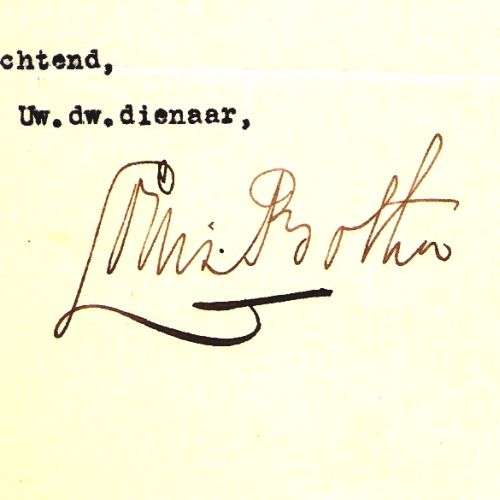 LOUIS BOTHA. OORSPRONKLIKE HANDTEKENING OP BRIEF. (1917), Briefhoof van Eerste Minister.