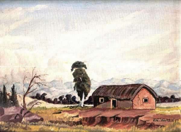 ORIGINAL OIL PAINTING. 'Hartbeeshuisie in die Veld'. SA artist A van Vuuren (1957). Unframed.