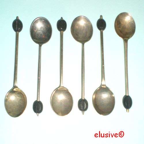 EPNS 'COFFEE BEAN' COFFEE SPOONS. Set of six. Vintage. British. (4 SETS AVAILABLE)