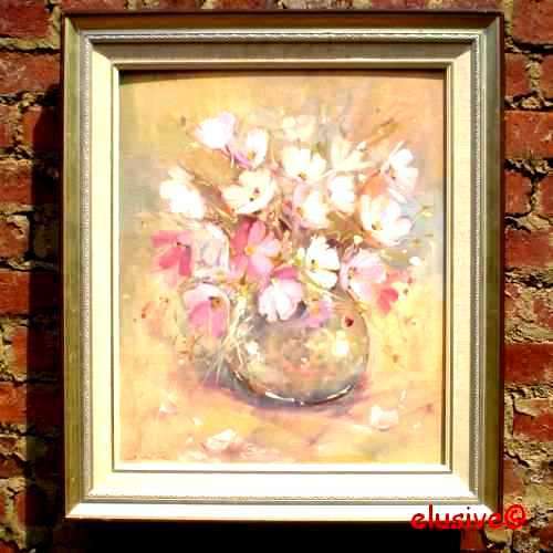Orig oil painting. 'Still Life with Cosmos Flowers'  by S A artist SONETT OLLS. Framed. (1983)