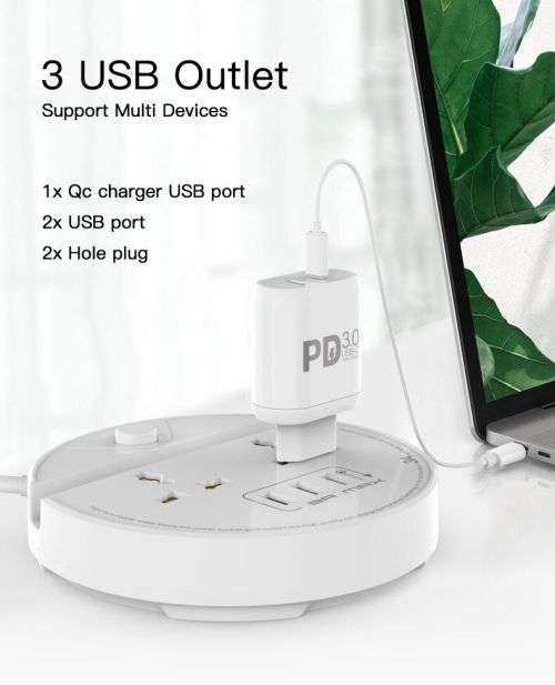 Power Socket  Extension with 2 Universal Socket and 3 USB Ports