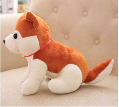 Cute Husky Plush Puppy With Red Ring Bell - Brown