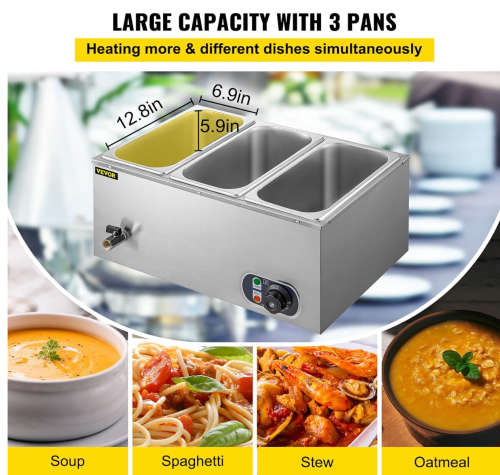 Commercial Food Warmer 3 Tray Electric Food Warmer 1500W Stainless Steel Buffet Food Warmer