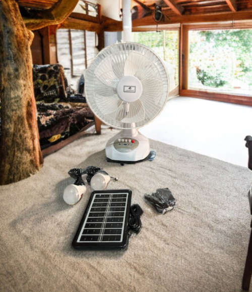 JAIGENG 12` Rechargeable Desk Fan With LED Light and 2 Separate Light Bulbs and Solar Panel