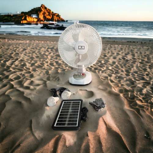 JAIGENG 12` Rechargeable Desk Fan With LED Light and 2 Separate Light Bulbs and Solar Panel
