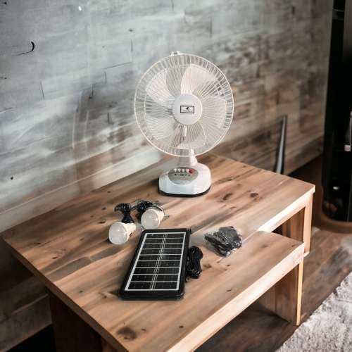 JAIGENG 12` Rechargeable Desk Fan With LED Light and 2 Separate Light Bulbs and Solar Panel