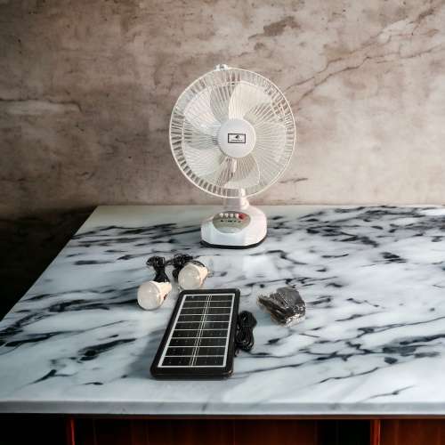 JAIGENG 12` Rechargeable Desk Fan With LED Light and 2 Separate Light Bulbs and Solar Panel