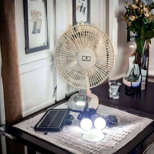 JAIGENG 12` Rechargeable Desk Fan With LED Light and 2 Separate Light Bulbs and Solar Panel