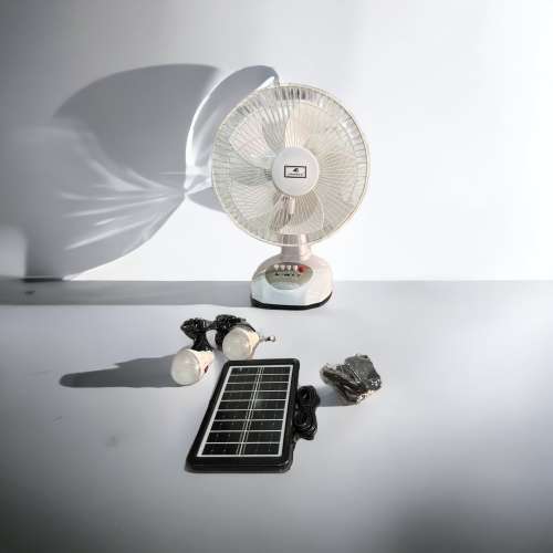 JAIGENG 12` Rechargeable Desk Fan With LED Light and 2 Separate Light Bulbs and Solar Panel