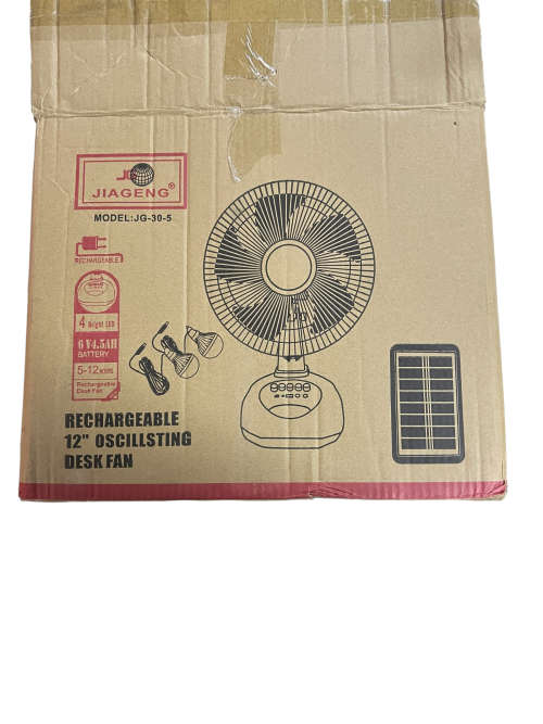 JAIGENG 12` Rechargeable Desk Fan With LED Light and 2 Separate Light Bulbs and Solar Panel