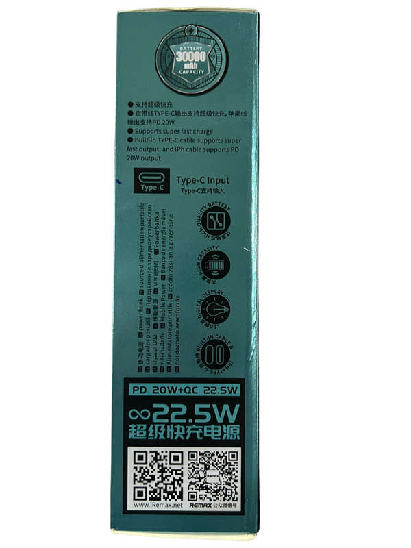 Remax Energy 30000mAH 20W+22.5W+PD+QC Fast Charge Power Bank With Built In Cables